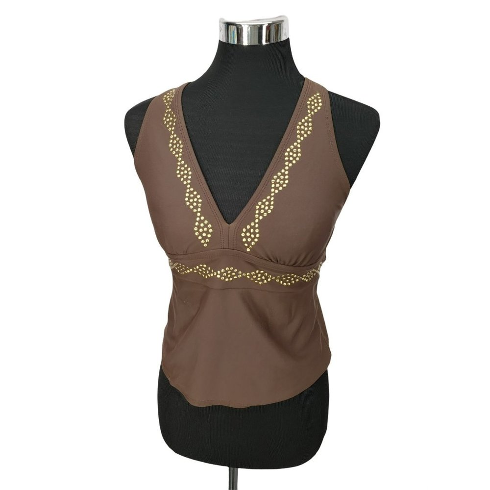 Contour By‎ Beach Scene Brown Studded V-Neck Tankini Swimsuit Top Size 8